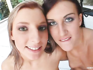 Sweet blonde and horny brunette are happy to show their awesome blowjob skills. They are deepthroating big cocks of many brutal men.
