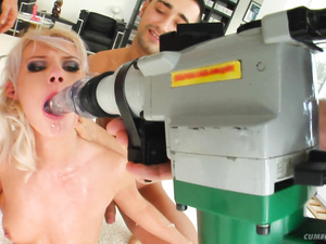 Slutty blonde is always ready for hardcore oral sex. She is getting her tender mouth drilled with her men's cock and with fucking machine.