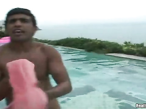 You will never forget this Latina chick having blonde hair and wearing pink bikini. She is getting her trimmed pussy tortured with passion.